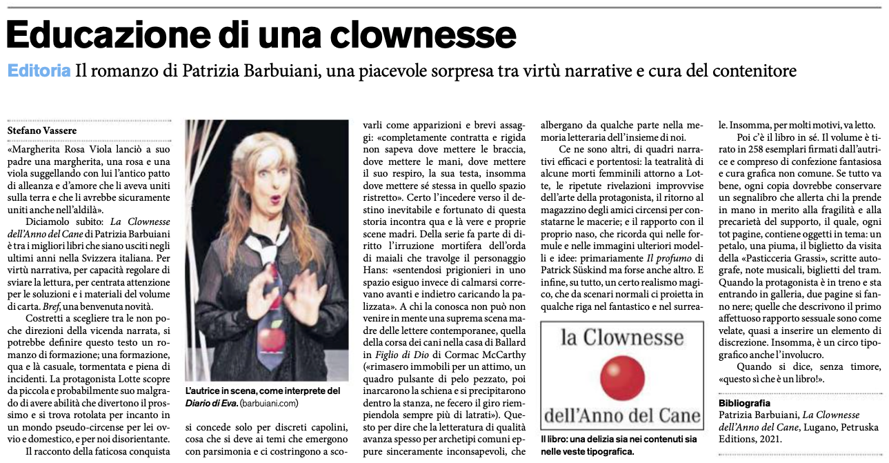 BACKSTAGE Magazine # 37 | Iscrizioni aperte: Laboratorio annuale di scrittura dinamica e creativa 2021 - 2022 | Stefano Vassere: "La Clownesse dell’Anno del Cane è tra i migliori libri che siano usciti negli ultimi anni nella Svizzera italiana."